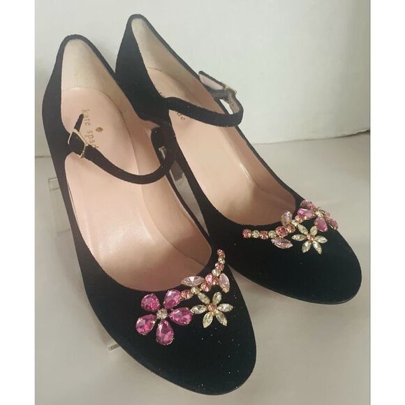Kate Spade Black Velvet Heels with Pink Embellishments ballina Mary Jane Pump 10 - Picture 2 of 10